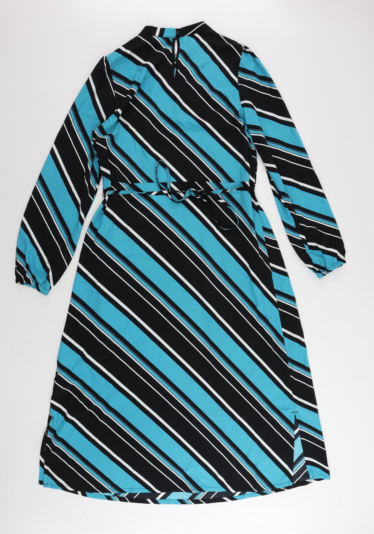 Marks and Spencer Womens Blue Striped Polyester A-Line Size 10 Mock Neck Button