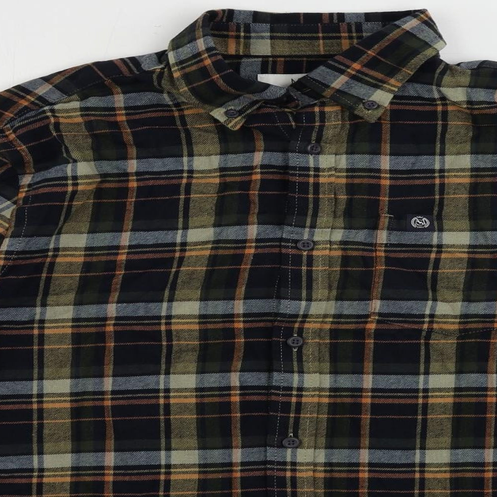 Marks and Spencer Mens Blue Plaid Cotton Button-Up Size S Collared Button