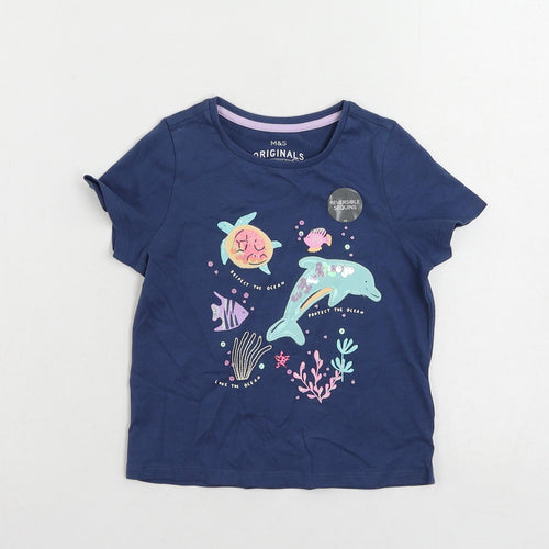 Marks and Spencer Girls Blue Cotton Pullover T-Shirt Size 3-4 Years Crew Neck Pullover - Sequin Sea Creatures