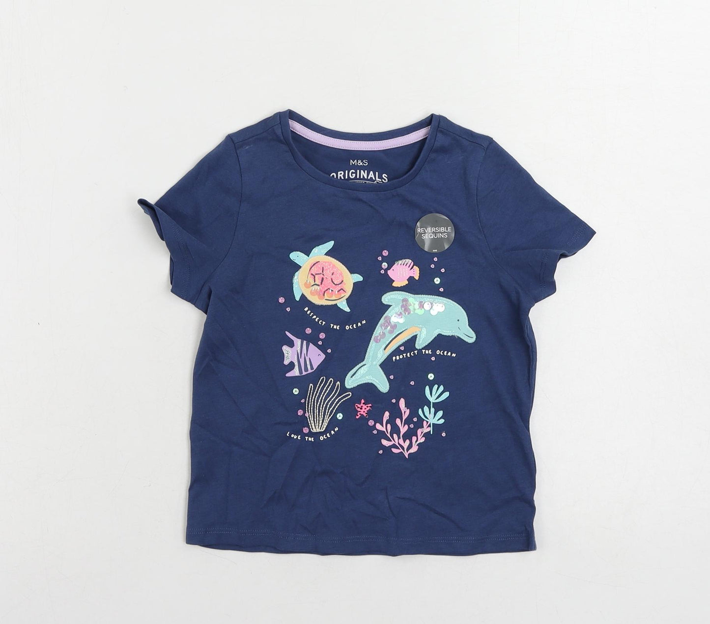 Marks and Spencer Girls Blue Cotton Pullover T-Shirt Size 3-4 Years Crew Neck Pullover - Sequin Sea Creatures