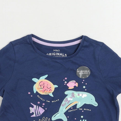 Marks and Spencer Girls Blue Cotton Pullover T-Shirt Size 3-4 Years Crew Neck Pullover - Sequin Sea Creatures