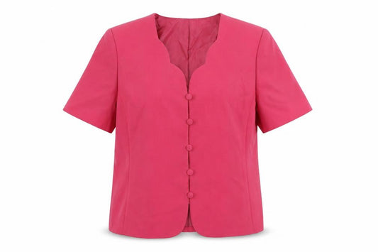 Front view of Victoria Layne women’s pink jacket blazer, size UK 14, button