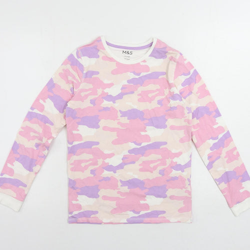 Marks and Spencer Girls Pink Camouflage Cotton Pullover T-Shirt Size 11-12 Years Crew Neck Pullover