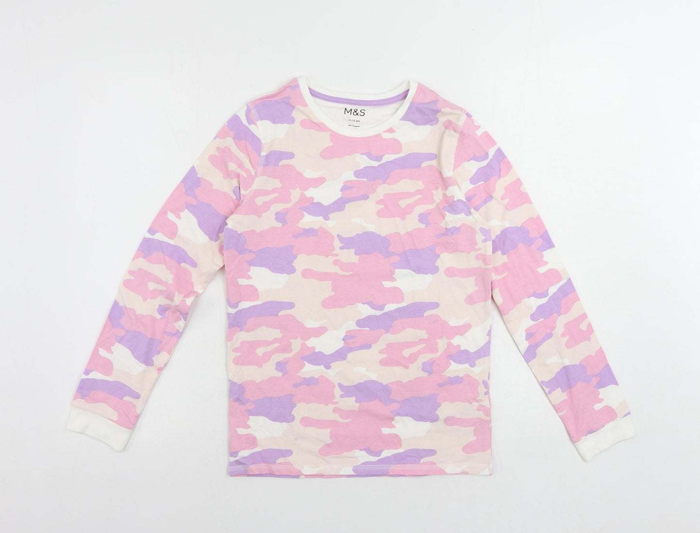 Marks and Spencer Girls Pink Camouflage Cotton Pullover T-Shirt Size 11-12 Years Crew Neck Pullover