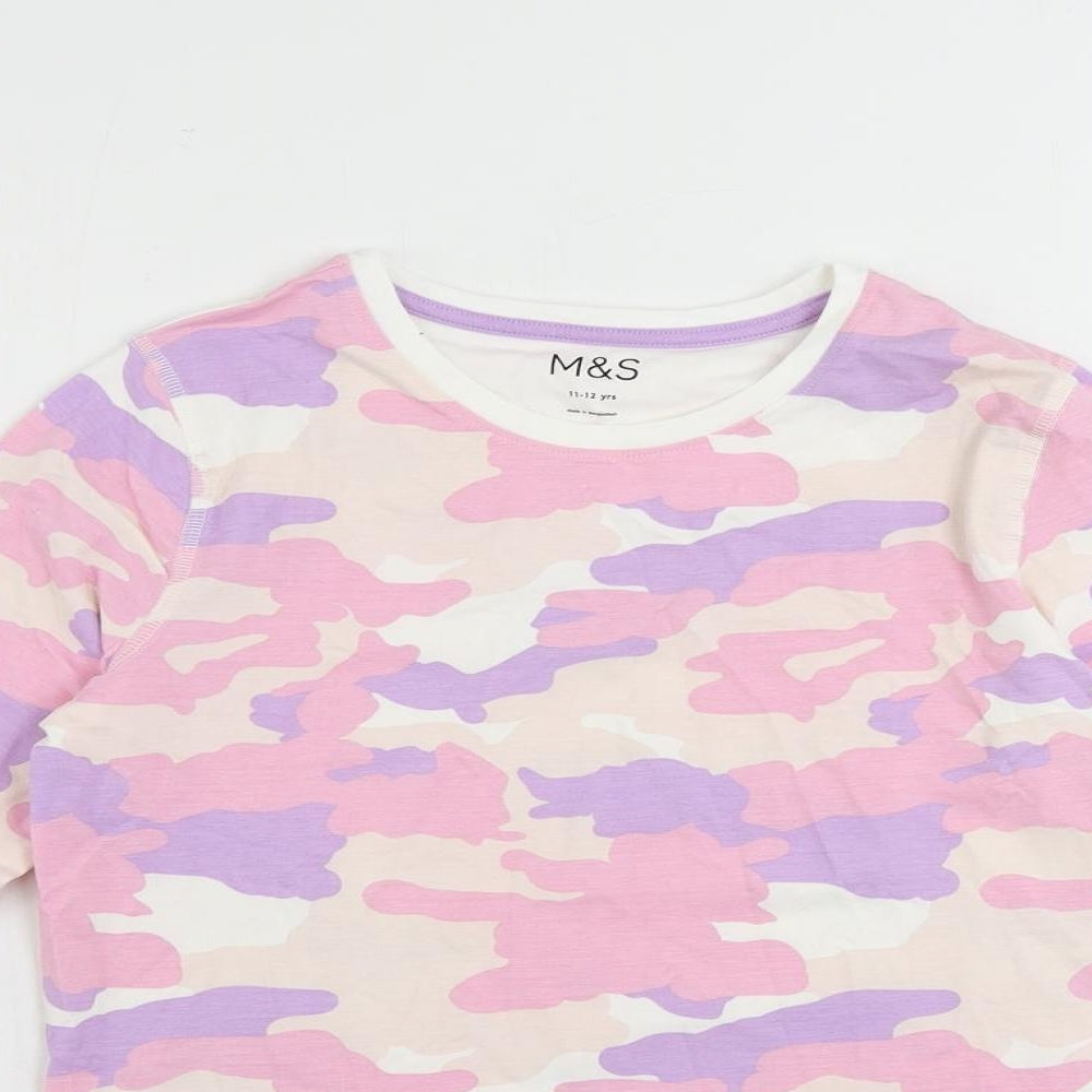 Marks and Spencer Girls Pink Camouflage Cotton Pullover T-Shirt Size 11-12 Years Crew Neck Pullover