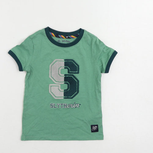 Marks and Spencer Girls Green Cotton Ringer T-Shirt Size 2-3 Years Crew Neck Pullover - Harry Potter