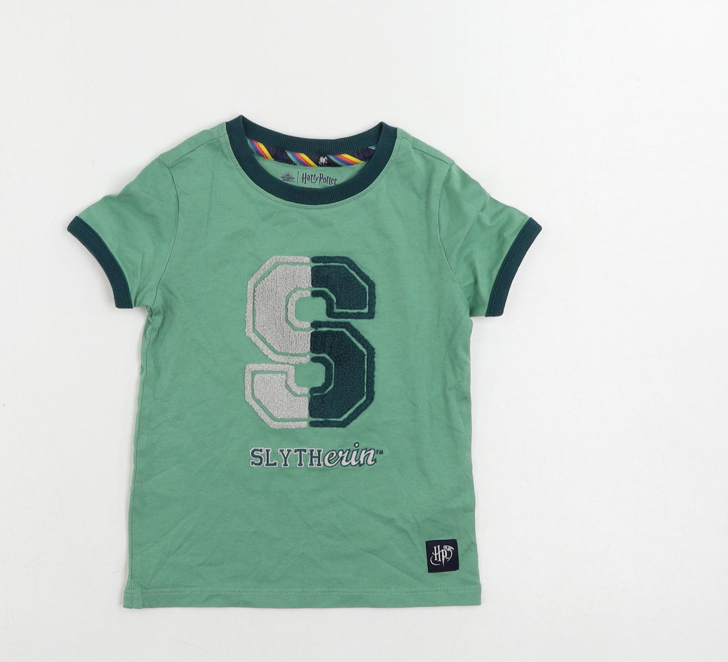 Marks and Spencer Girls Green Cotton Ringer T-Shirt Size 2-3 Years Crew Neck Pullover - Harry Potter