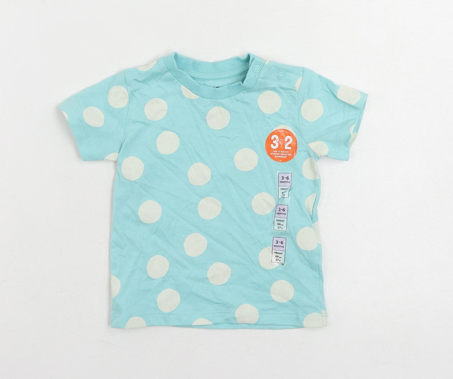 Marks and Spencer Baby Blue Polka Dot Cotton Pullover T-Shirt Size 3-6 Months Crew Neck Snap