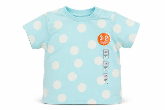 Front view of Marks & Spencer Baby Blue Polka Dot Cotton Pullover T-Shirt, size 3-6, Months Crew Neck Snap
