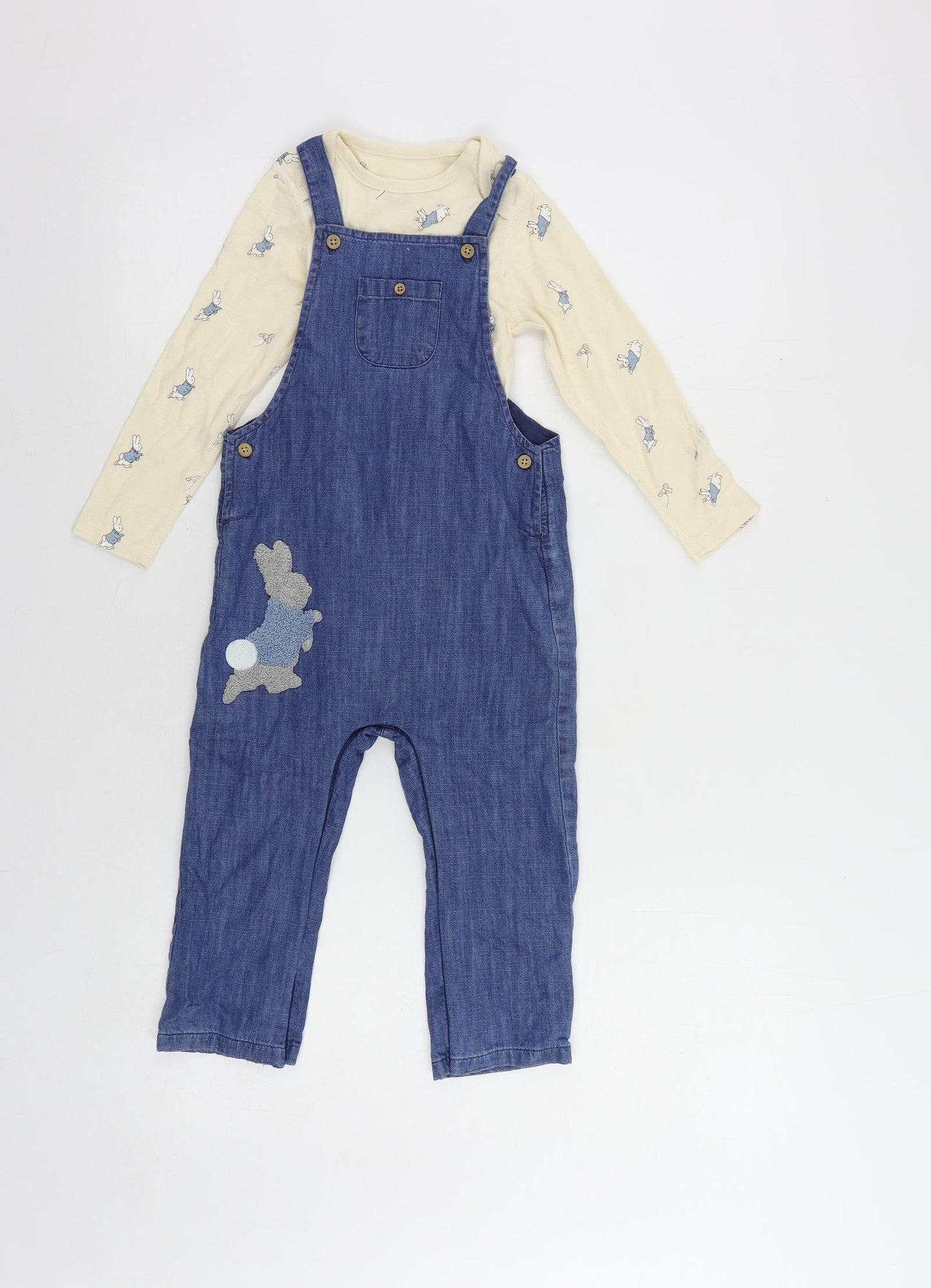 Marks and Spencer Girls Blue Geometric Cotton Dungarees Trousers Size 2-3 Years Regular Button - Rabbit