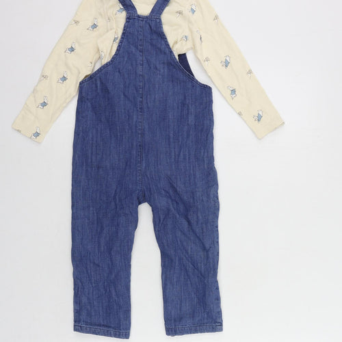 Marks and Spencer Girls Blue Geometric Cotton Dungarees Trousers Size 2-3 Years Regular Button - Rabbit