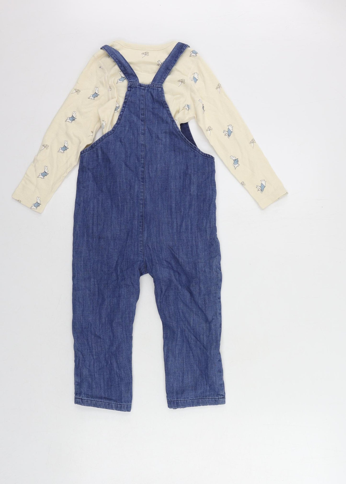 Marks and Spencer Girls Blue Geometric Cotton Dungarees Trousers Size 2-3 Years Regular Button - Rabbit