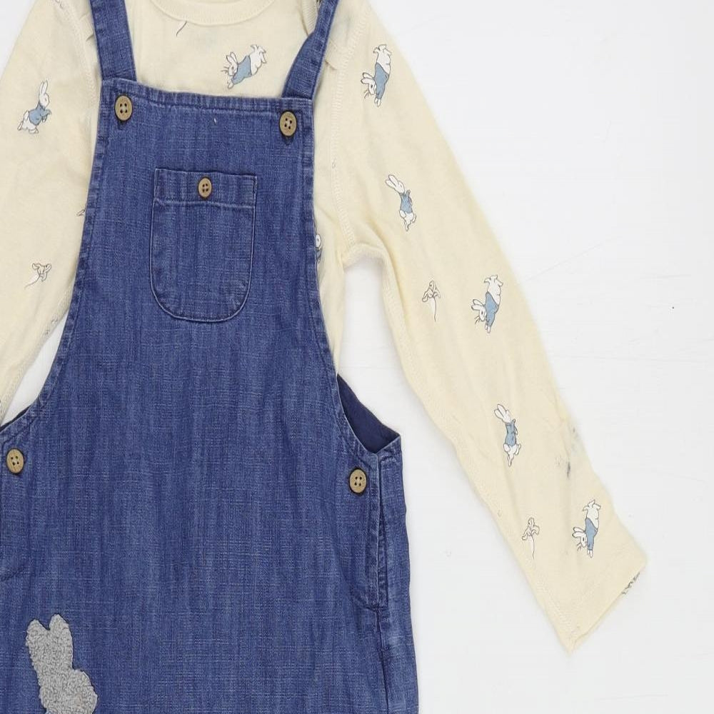 Marks and Spencer Girls Blue Geometric Cotton Dungarees Trousers Size 2-3 Years Regular Button - Rabbit