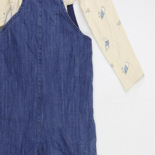 Marks and Spencer Girls Blue Geometric Cotton Dungarees Trousers Size 2-3 Years Regular Button - Rabbit