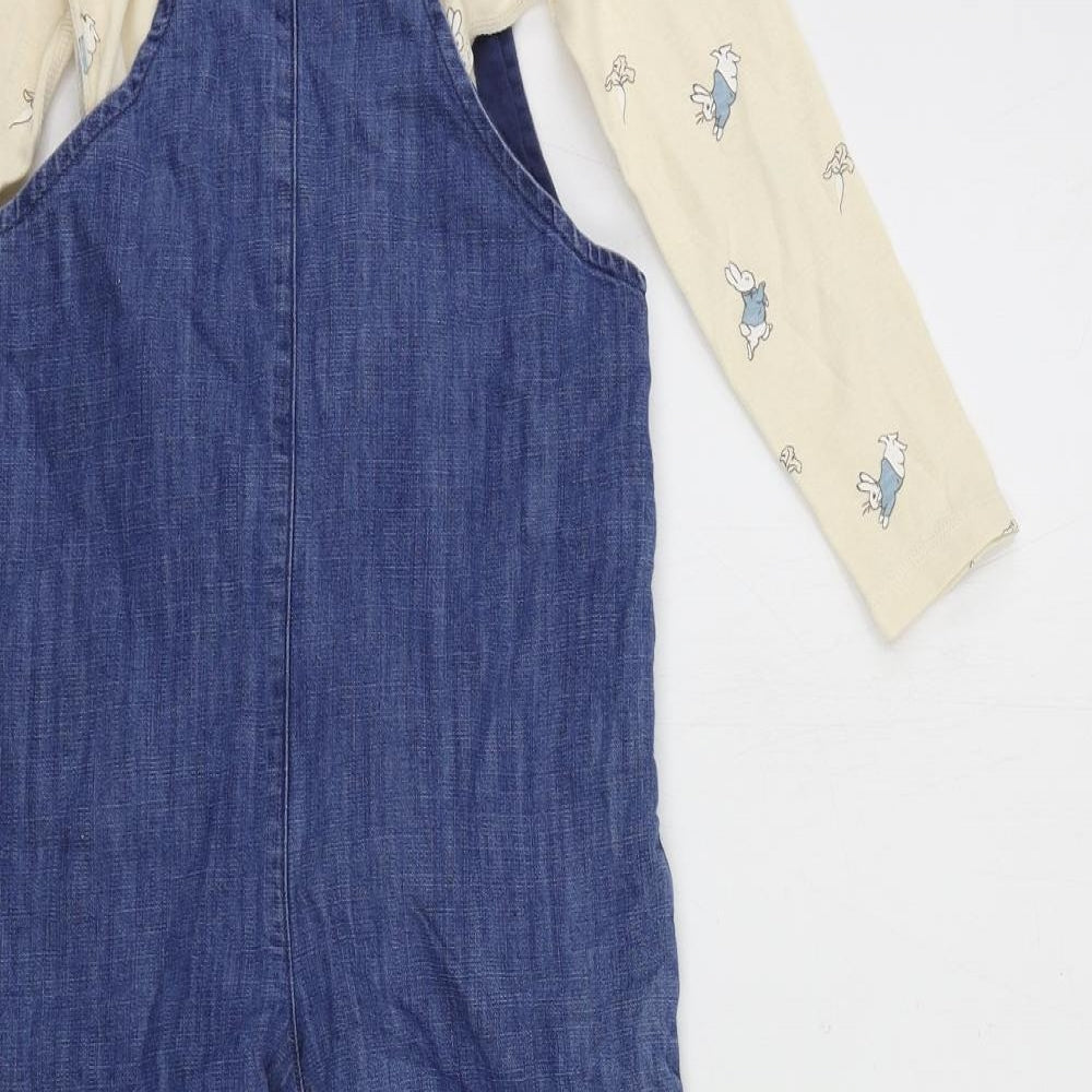 Marks and Spencer Girls Blue Geometric Cotton Dungarees Trousers Size 2-3 Years Regular Button - Rabbit