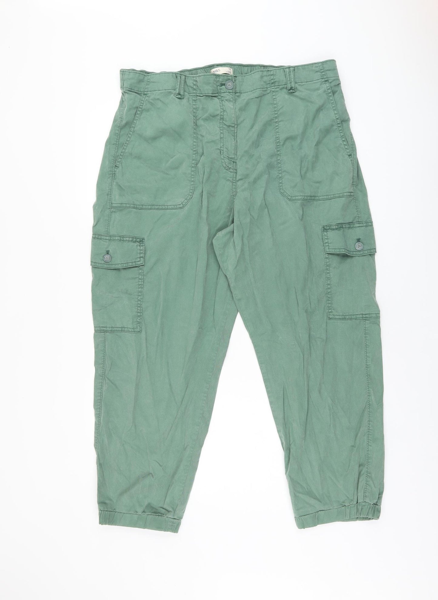 Marks and Spencer Womens Green Lyocell Cargo Trousers Size 18 L25 in Regular Zip
