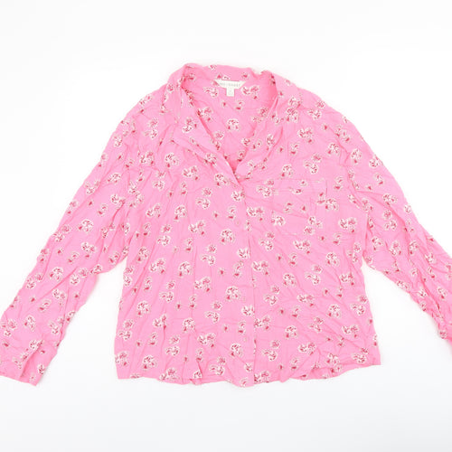 Marks and Spencer Womens Pink Floral Viscose Basic Button-Up Size 14 Collared