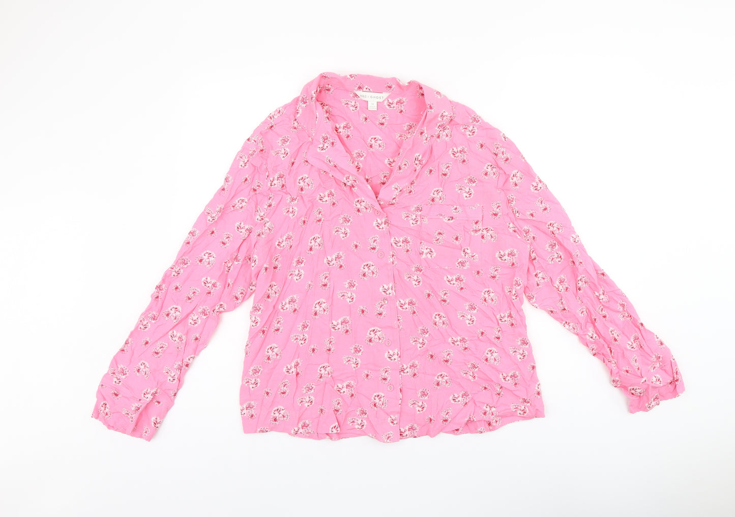Marks and Spencer Womens Pink Floral Viscose Basic Button-Up Size 14 Collared