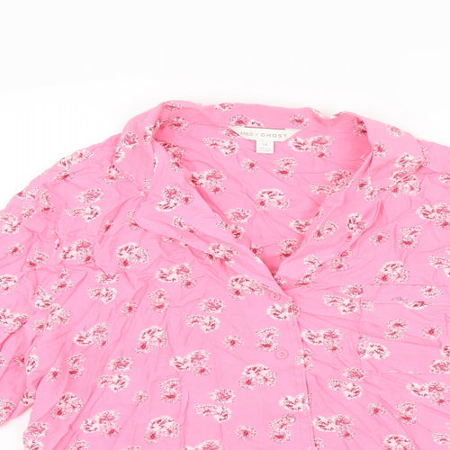 Marks and Spencer Womens Pink Floral Viscose Basic Button-Up Size 14 Collared