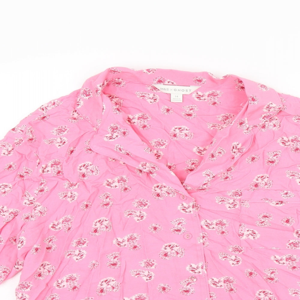 Marks and Spencer Womens Pink Floral Viscose Basic Button-Up Size 14 Collared