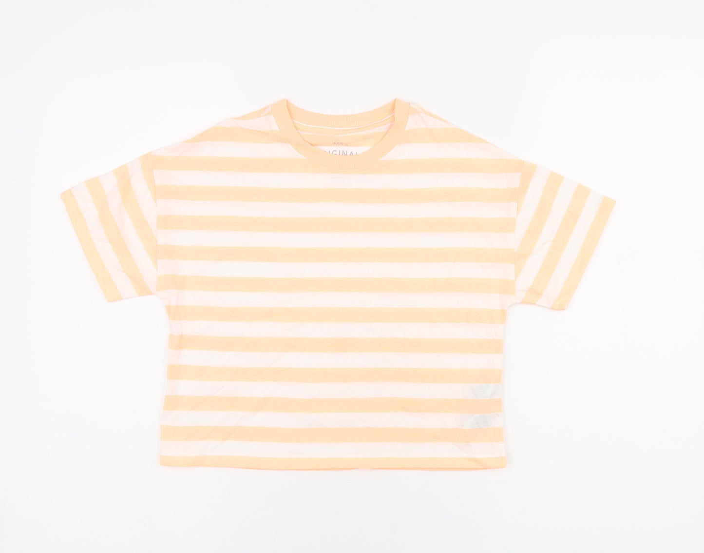 Marks and Spencer Boys White Striped Cotton Basic T-Shirt Size 7-8 Years Round Neck Pullover