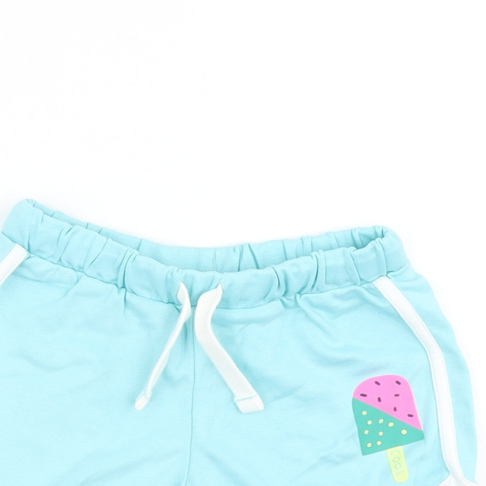 Marks and Spencer Girls Blue Cotton Sweat Shorts Size 5-6 Years Regular Drawstring - Ice Lolly Print