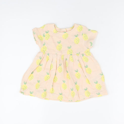 Marks and Spencer Girls Pink Geometric Cotton A-Line Size 3-6 Months Round Neck Button - Lemon Print