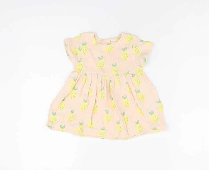 Marks and Spencer Girls Pink Geometric Cotton A-Line Size 3-6 Months Round Neck Button - Lemon Print