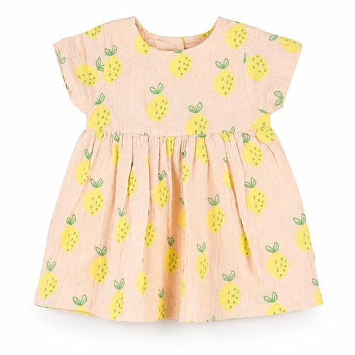 Marks and Spencer Girls Pink Geometric Cotton A-Line Size 3-6 Months Round Neck Button - Lemon Print