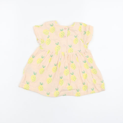 Marks and Spencer Girls Pink Geometric Cotton A-Line Size 3-6 Months Round Neck Button - Lemon Print