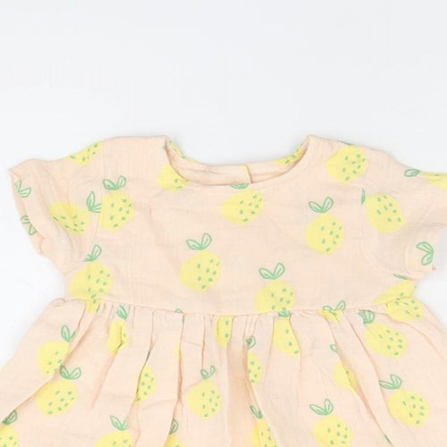 Marks and Spencer Girls Pink Geometric Cotton A-Line Size 3-6 Months Round Neck Button - Lemon Print