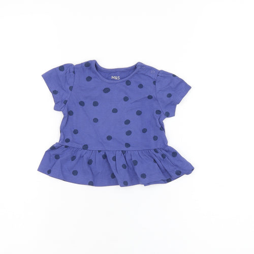 Marks and Spencer Girls Blue Polka Dot Cotton Basic T-Shirt Size 3-6 Months Round Neck Snap