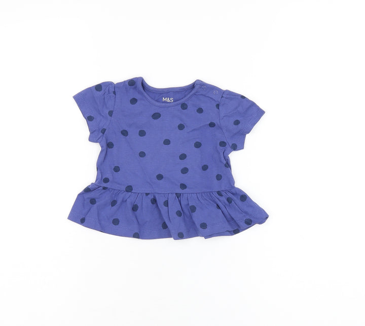 Marks and Spencer Girls Blue Polka Dot Cotton Basic T-Shirt Size 3-6 Months Round Neck Snap