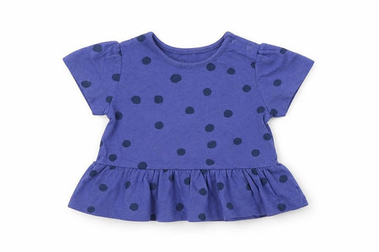 Front view of Marks & Spencer girls’ blue polka dot cotton basic t-shirt, size 3-6, months round neck snap