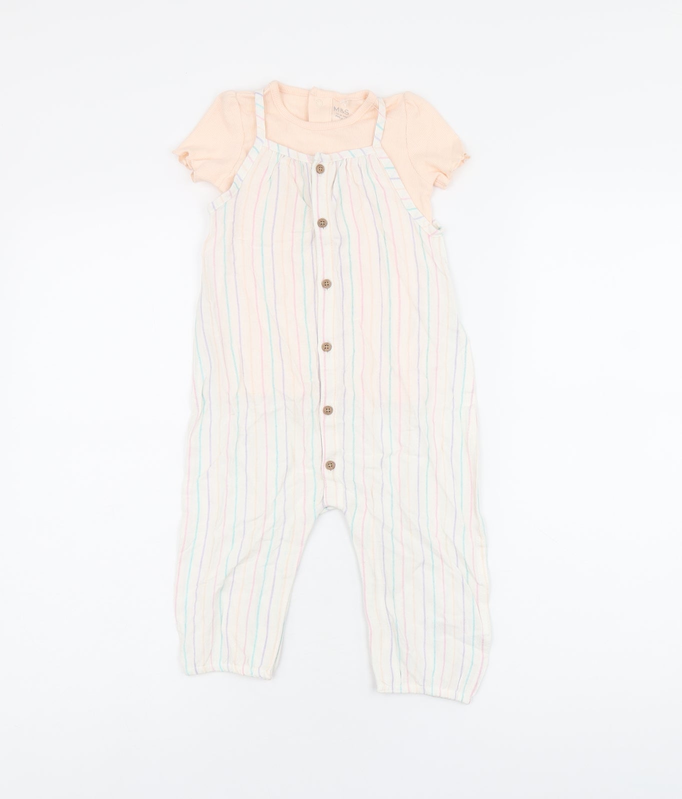 Marks and Spencer Girls White Striped Viscose Jumpsuit Outfit/Set Size 12-18 Months Button