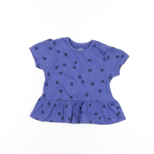 Marks and Spencer Girls Blue Polka Dot Cotton Basic T-Shirt Size 6-9 Months Round Neck Snap