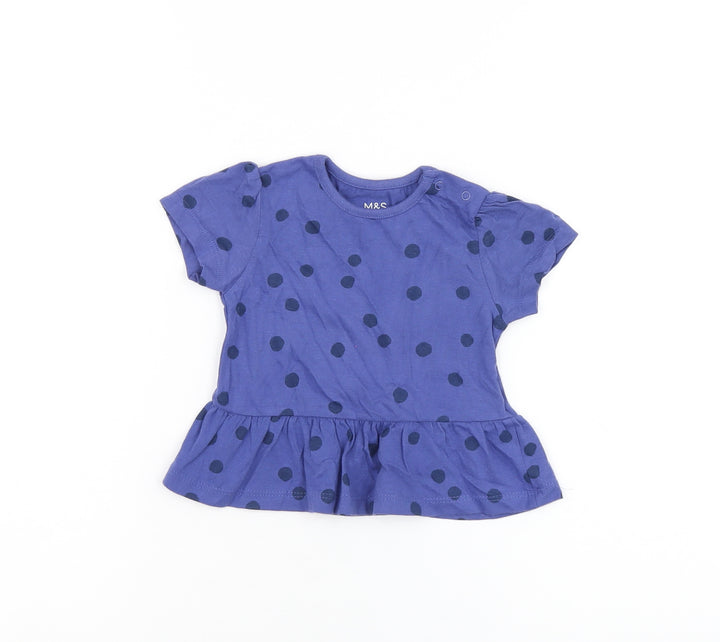Marks and Spencer Girls Blue Polka Dot Cotton Basic T-Shirt Size 6-9 Months Round Neck Snap