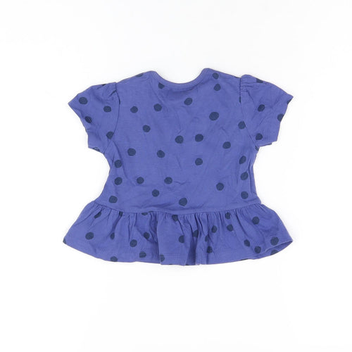 Marks and Spencer Girls Blue Polka Dot Cotton Basic T-Shirt Size 6-9 Months Round Neck Snap