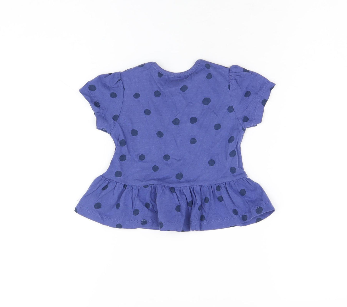 Marks and Spencer Girls Blue Polka Dot Cotton Basic T-Shirt Size 6-9 Months Round Neck Snap