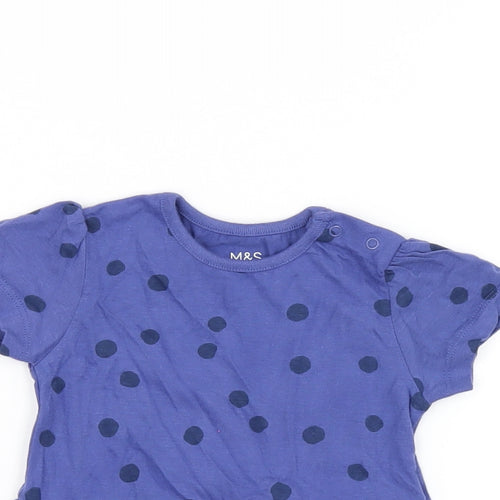 Marks and Spencer Girls Blue Polka Dot Cotton Basic T-Shirt Size 6-9 Months Round Neck Snap