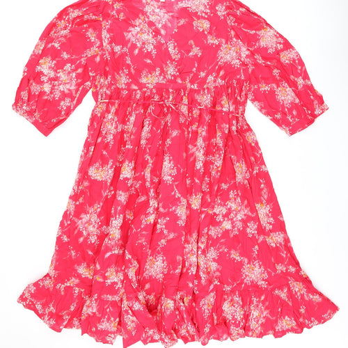 Per Una Womens Pink Floral Cotton A-Line Size M V-Neck Pullover - Belted