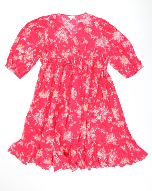 Front view of Per Una women’s pink floral cotton a-line, size M, v-neck pullover - belted