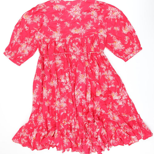 Per Una Womens Pink Floral Cotton A-Line Size M V-Neck Pullover - Belted