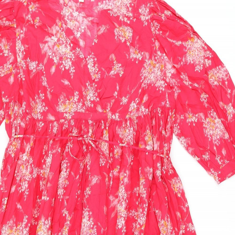 Per Una Womens Pink Floral Cotton A-Line Size M V-Neck Pullover - Belted