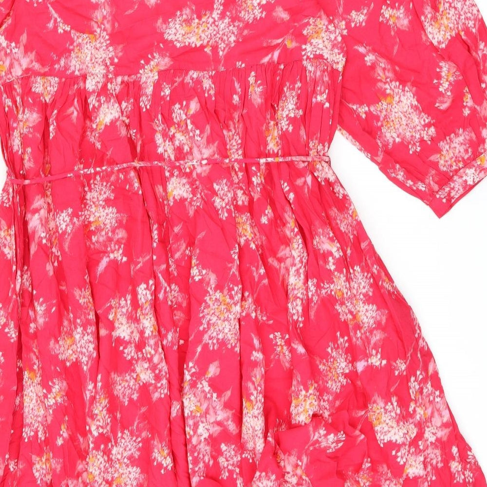 Per Una Womens Pink Floral Cotton A-Line Size M V-Neck Pullover - Belted