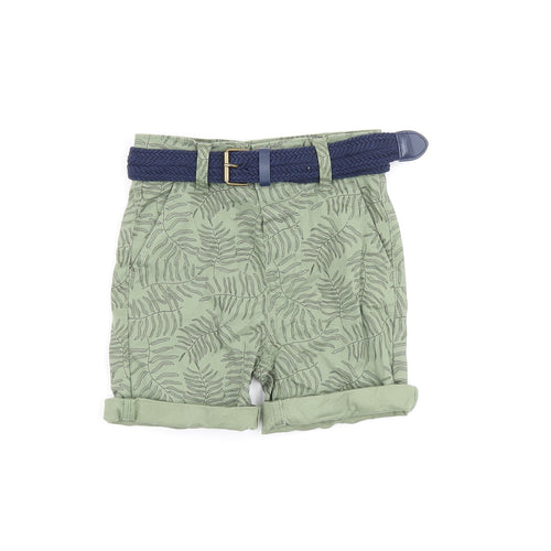 Denim & Co. Boys Green Geometric Cotton Bermuda Shorts Size 4-5 Years Regular Zip - Leaf Print, Belted