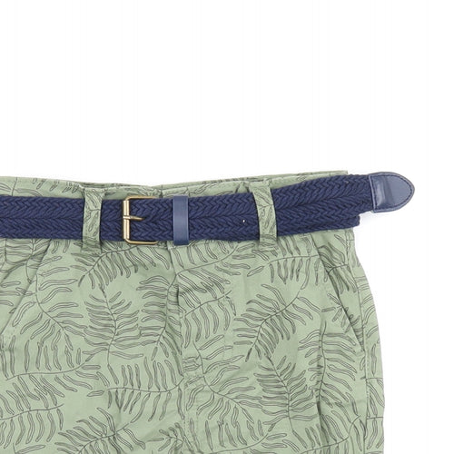 Denim & Co. Boys Green Geometric Cotton Bermuda Shorts Size 4-5 Years Regular Zip - Leaf Print, Belted