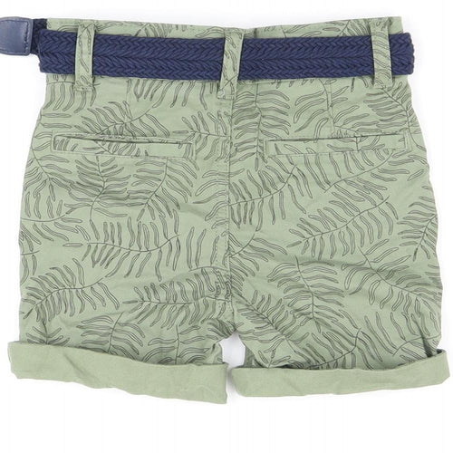 Denim & Co. Boys Green Geometric Cotton Bermuda Shorts Size 4-5 Years Regular Zip - Leaf Print, Belted