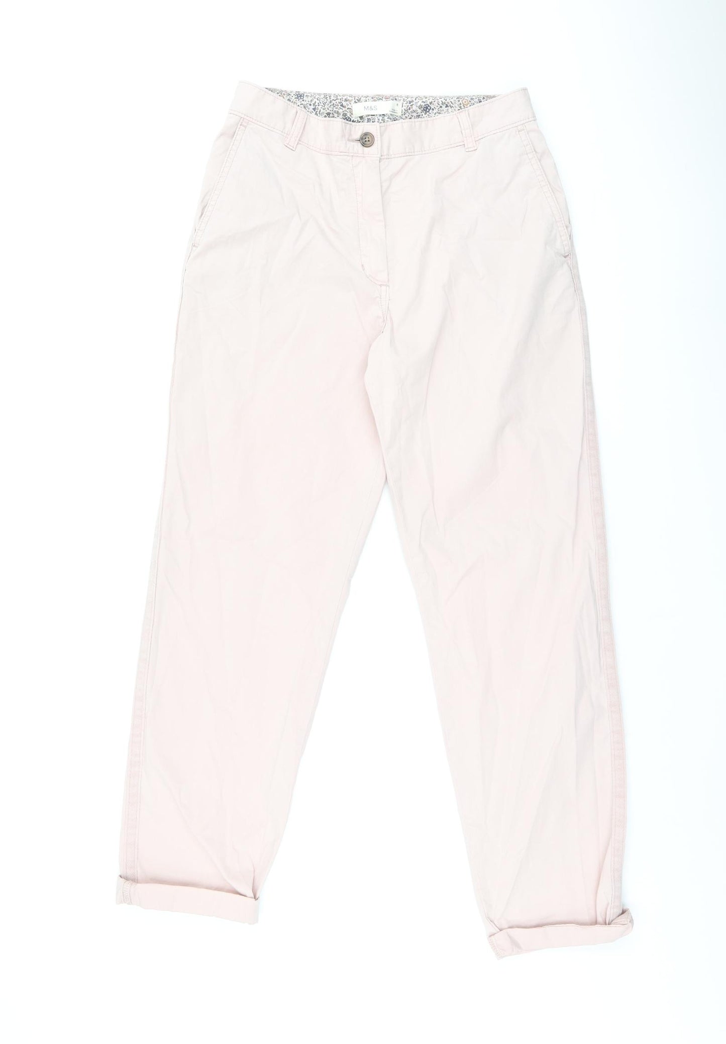 Marks and Spencer Womens Pink Cotton Chino Trousers Size 8 L28 in Regular Zip