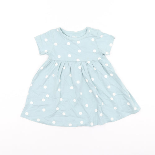 Marks and Spencer Girls Blue Polka Dot Cotton A-Line Size 6-9 Months Round Neck Snap